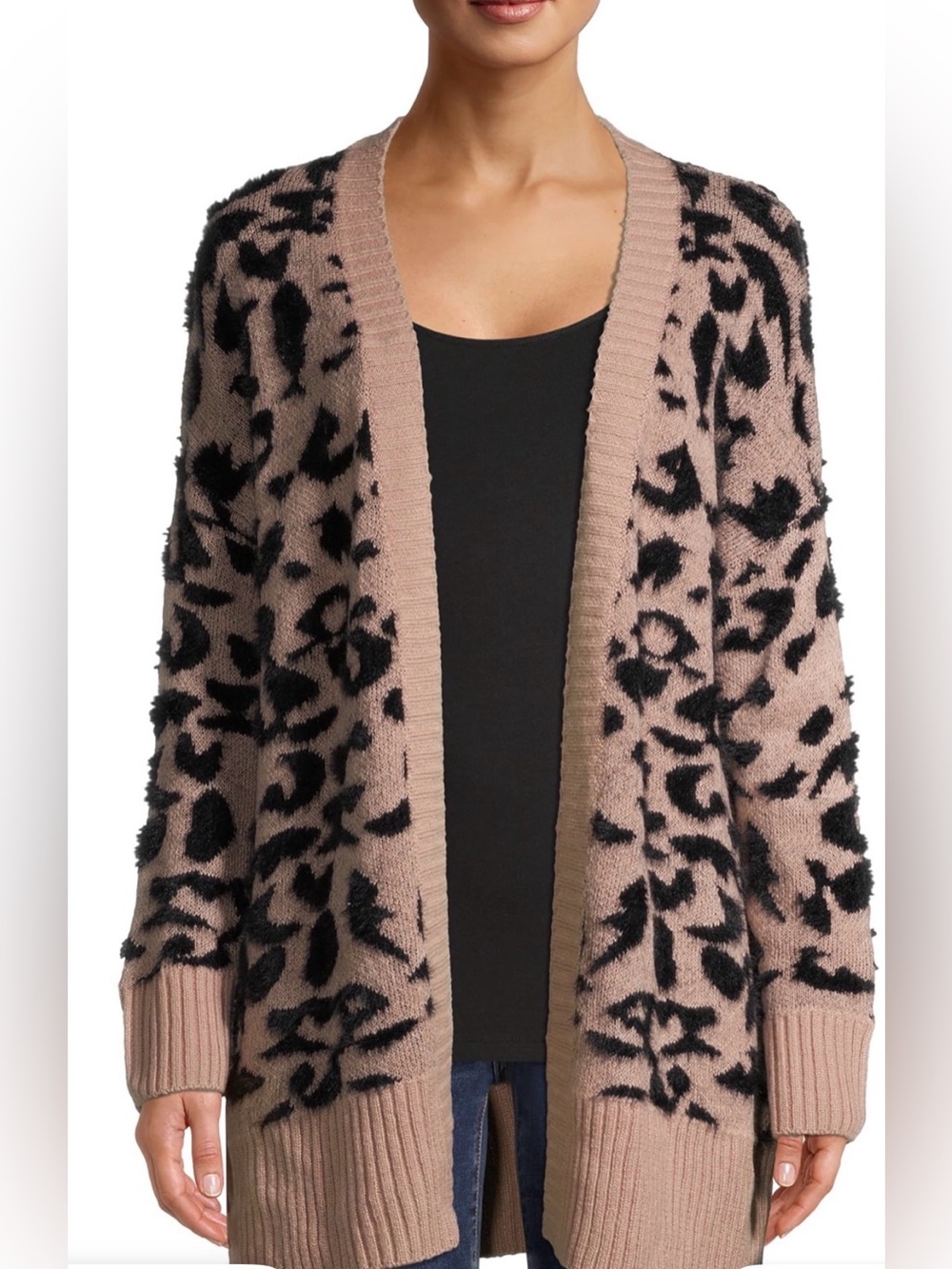 Leopard-Print Open Cardigan Sweater Womens Large Cream &‎ Black Print Cozy Layer